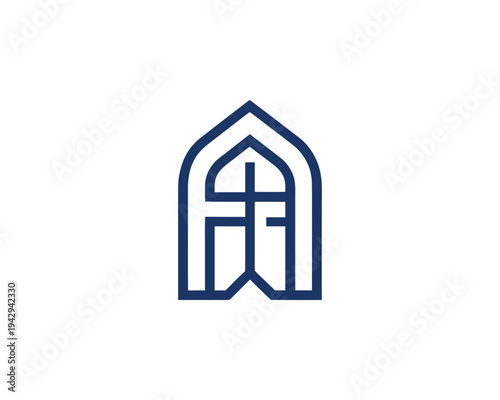 Abstract Archway Logo with Cross Detail Minimalist Christian Symbol Blue Outline