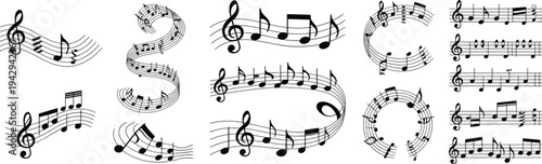 Assortment of black musical notation elements on white background Keywords: music, musical notes, treble clef, staff, melody