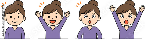 Cartoon character showing happy and surprised facial expressions with raised arms and emotional reaction vector illustration