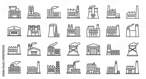 Collection of Industrial Factory Buildings Icons Set.