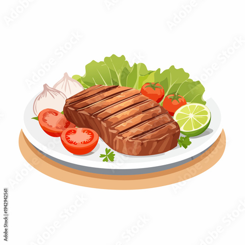 Deliciously Grilled Steak Served with Fresh Vegetables and Lime on a Plate