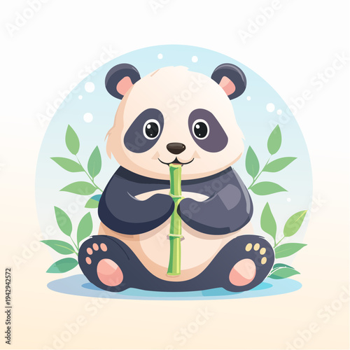 A charming illustration of a happy baby panda enjoying a bamboo snack amidst lush green leaves, radiating playful innocence
