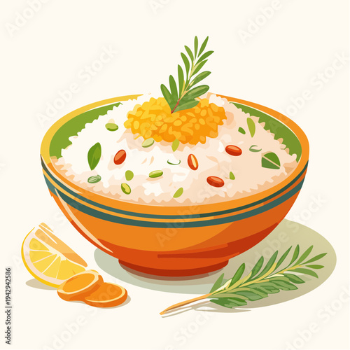 A Delicious Bowl of Fluffy White Rice Garnished with Herbs and a Lemon Slice