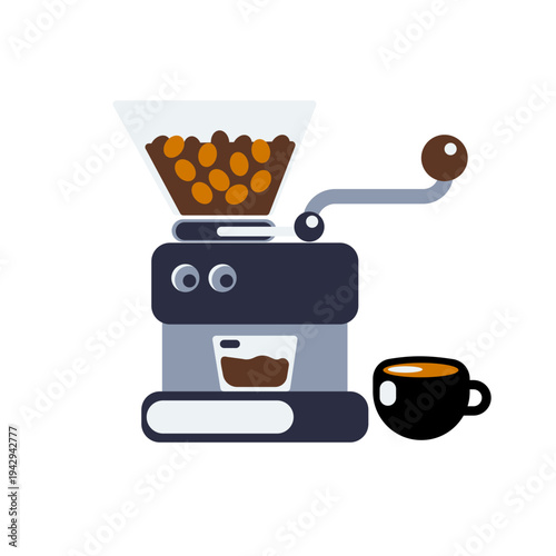 Coffee grinder illustrations represent tools used to grind coffee beans before brewing. They are widely used in coffee tutorials, barista training materials, café menus, and specialty coffee branding 