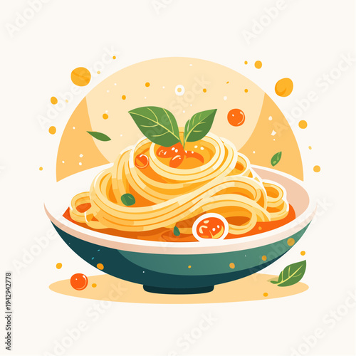 Delicious Spaghetti with Tomato Sauce and Basil Leaves in a Bowl