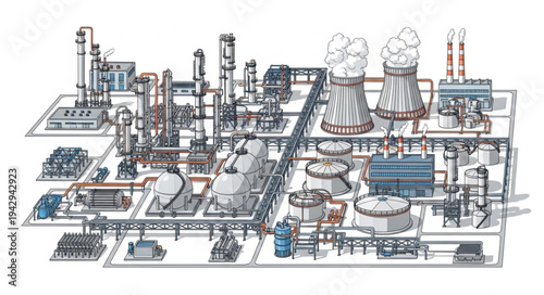 Industrial Complex with Factories and Towers.