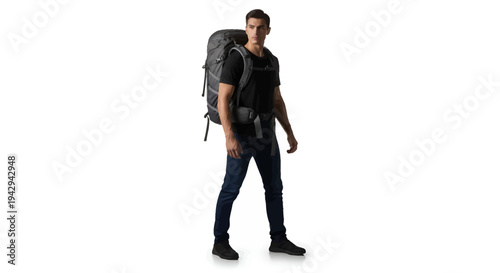 Young man with backpack standing confidently on white background