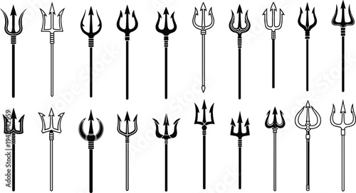 Black and white trident silhouettes collection set with various pitchfork spear designs for mythology sea god poseidon and devil warrior vector weapon illustrations.