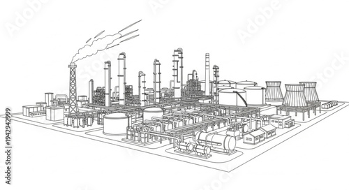 Industrial Complex with Smokestacks and Buildings.