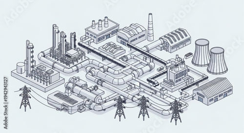 Industrial Complex with Towers and Buildings.