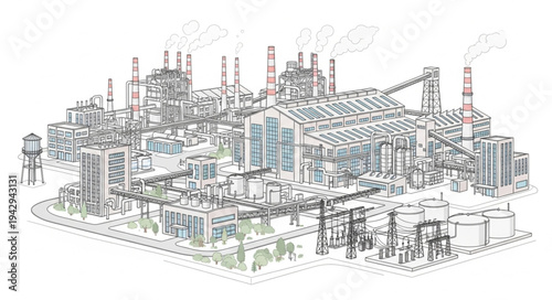 Industrial Complex with Towers and Pipelines.