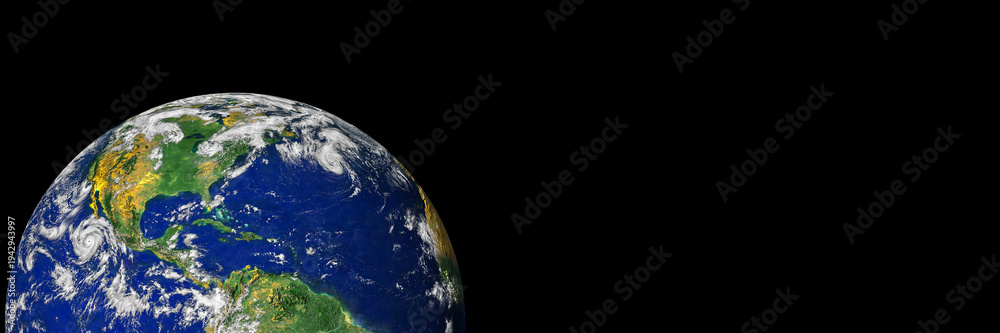Fototapeta premium Earth from space header or banner design, view of North and South America with copy space. Elements of this image furnished by NASA.
