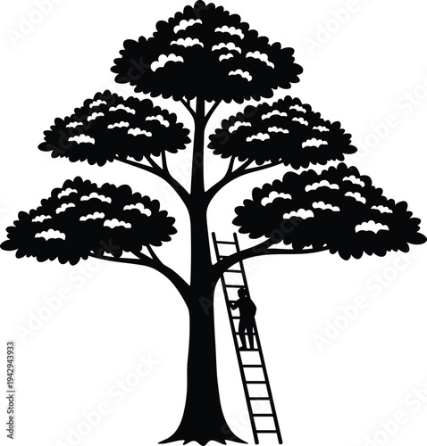 Black silhouette of a person on a ladder trimming a tree
