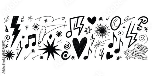 Black and white hand-drawn doodles of musical notes and abstract shapes Description: A collection of black hand-drawn doodles