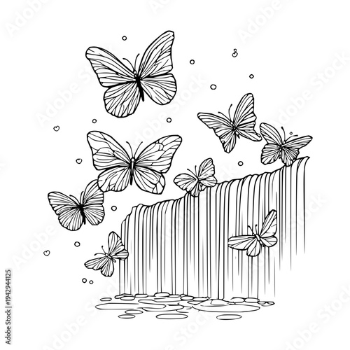 Butterflies flying around a waterfall black and white illustration with a dreamy atmosphere and freedom concept