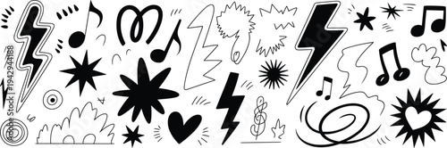 Black and White Doodle Elements with Music Notes and Lightning Bolts Keywords: doodle, drawing, sketch, hand drawn, illustration