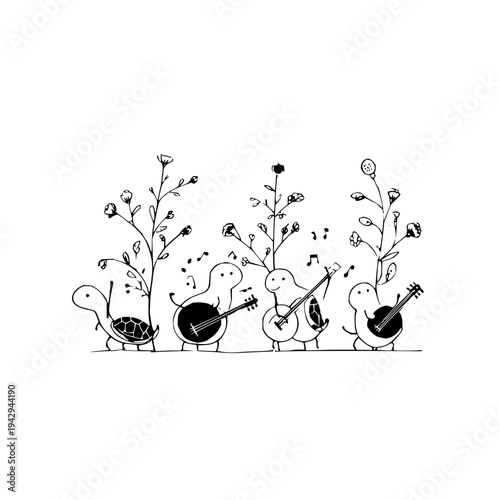Cartoon turtles play musical instruments outdoors in a garden with flowers
