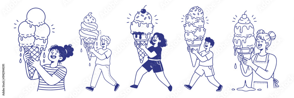 Fototapeta premium Cartoon kids holding giant melting ice cream cones in playful summer illustration set with oversized scoops