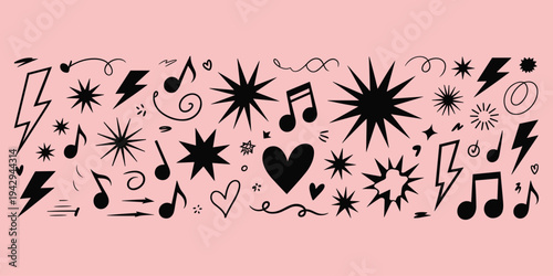 Black doodle elements of music notes, hearts, and stars on a pink background Keywords: music, musical notes, heart, starburst