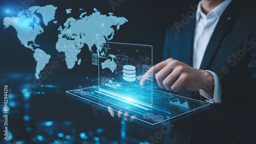 Business Executive Interacting with Futuristic Digital Interface, Demonstrating Global Data Network, Cloud Computing, and AI Technology Solutions for Modern Enterprise Management