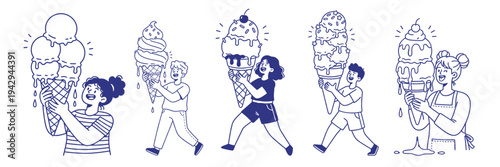 Cartoon kids holding giant melting ice cream cones in playful summer illustration set with oversized scoops