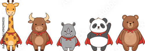 Cartoon animals wearing red capes giraffe bull rhinoceros
