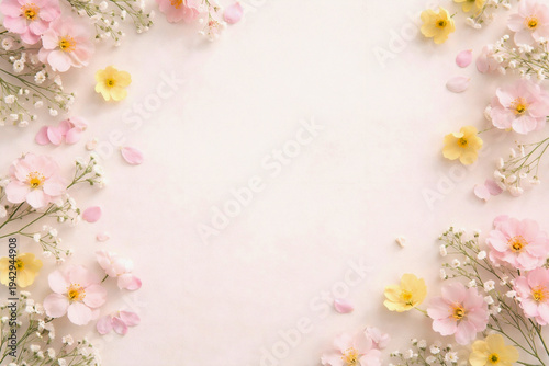 Spring flowers on pastel background flat lay