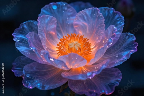A macro bloom of a dahlia displays an abstract blend of blue, yellow, and red petals, capturing the colorful essence of nature and flora in a vibrant summer garden blossom