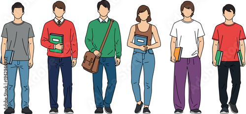 Group of diverse students standing with books and backpacks illustration, college and university youth characters isolated on white background education concept