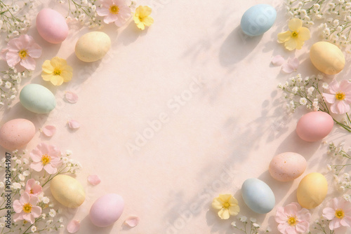 Pastel easter eggs with spring flowers background