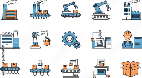 Industrial automation and manufacturing process icons with robotic arms, conveyor belts, factory machines, packaging boxes and workers for modern production line illustration set