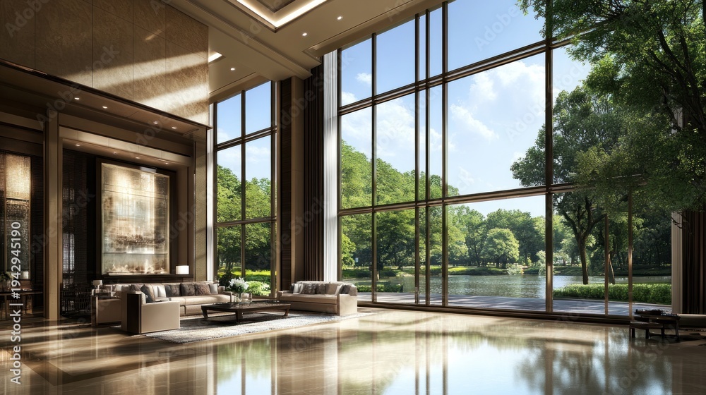 Fototapeta premium Luxurious, spacious lobby with large windows showcasing a park and lake