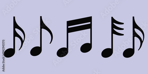 Black musical notes and rests on a light purple background Keywords: music, musical notes, eighth notes, sixteenth notes, rests