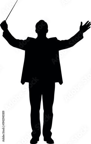 Silhouette of orchestra conductor with raised arms holding baton directing symphony performance classical music maestro leading concert orchestra isolated on white background