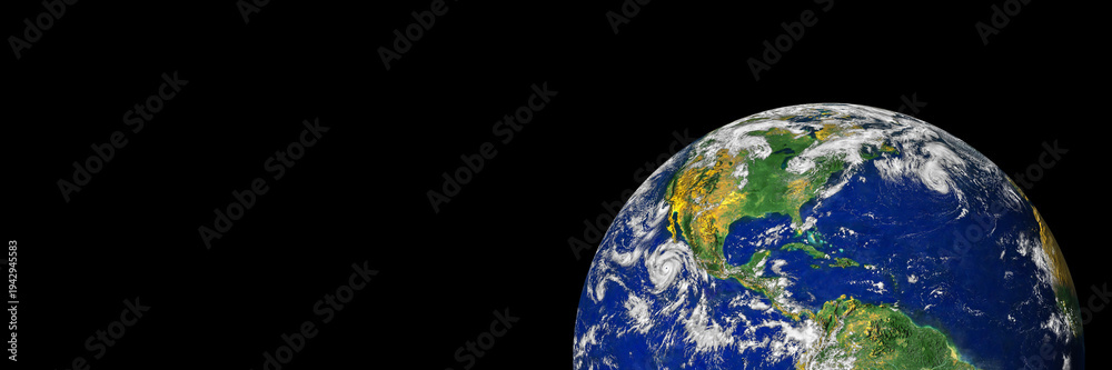 Fototapeta premium Earth from space header or banner design, view of North and South America with copy space. Elements of this image furnished by NASA.