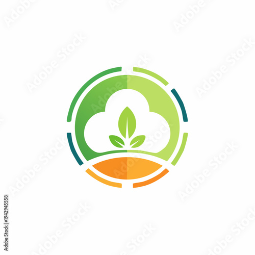 Green cloud with a plant growing inside a circular logo representing nature and sustainability