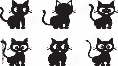 A set of cute black cat silhouettes in various poses and expressions