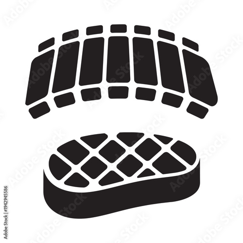Black and white illustration of a grill with meat top and bottom views