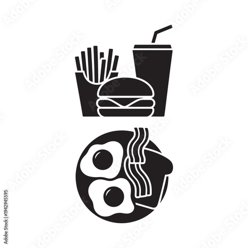 Black and white illustration depicting breakfast and fast food meals