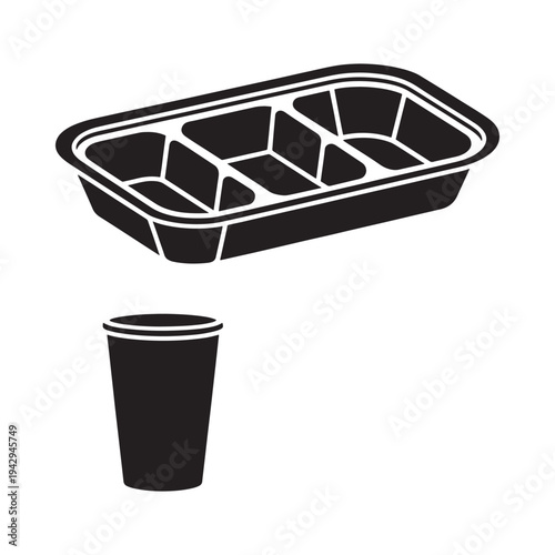 Black and white illustration of a takeout container and disposable cup
