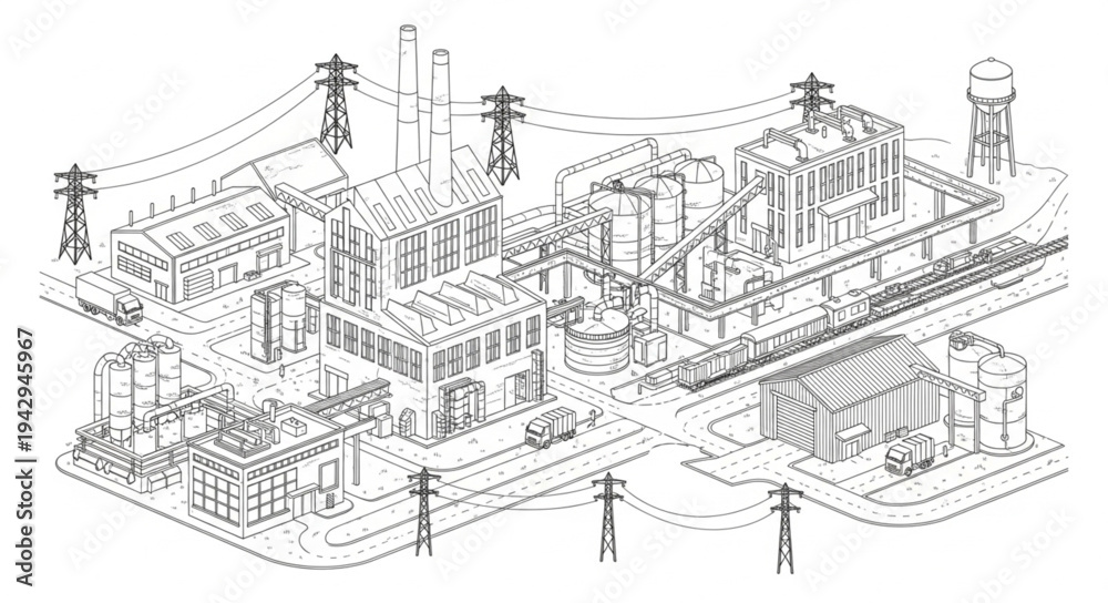 Fototapeta premium Industrial Facility Blueprint Technical Drawing.