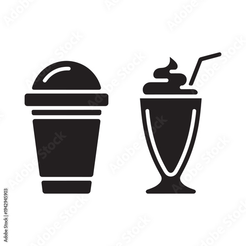 Black and white illustration of two different dessert drinks with straws