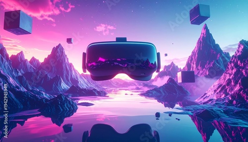 The image has a synthwave and cyberpunk aesthetic that emphasizes the concept of metaverse technology and virtual world exploration.y