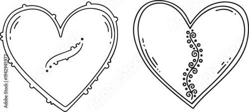 Two artistic hearts with intricate decorative designs inside them


