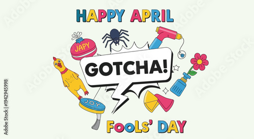 April fools day prank elements and gotcha speech bubble illustration