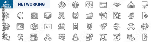 Modern networking line icons set designed for digital connectivity, network infrastructure and communication systems. Clean outline icons with editable stroke, perfect for cloud platforms, IT infrastr