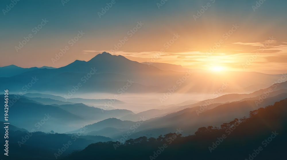 Obraz premium bright sunrise illuminating mountain landscape symbol of hope knowledge and discovery international day of light inspirational concept copy space
