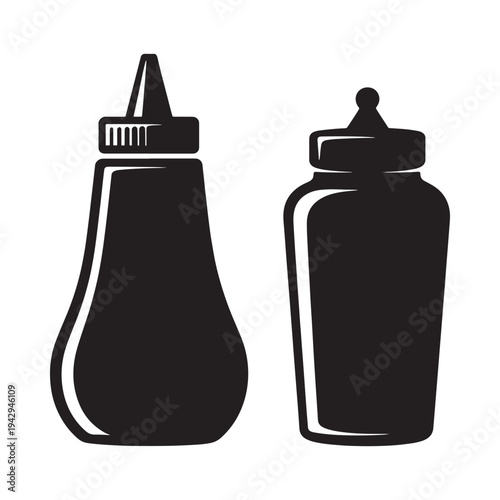 Black and white illustration of ketchup and mustard condiment bottles