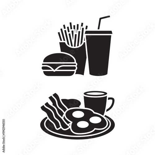 Black and white illustration of fast food and breakfast items