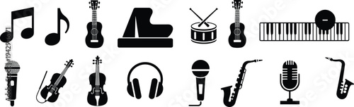 Collection of black musical instrument and audio icons on white background Keywords: music, instrument, audio, icon, symbol